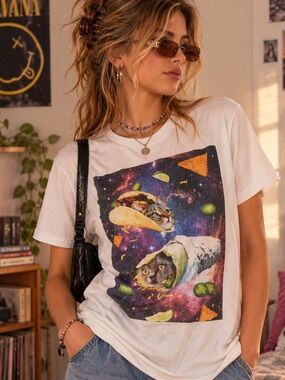 Y2K Bluenotes Space Cat Taco Burrito Graphic T-Shirt